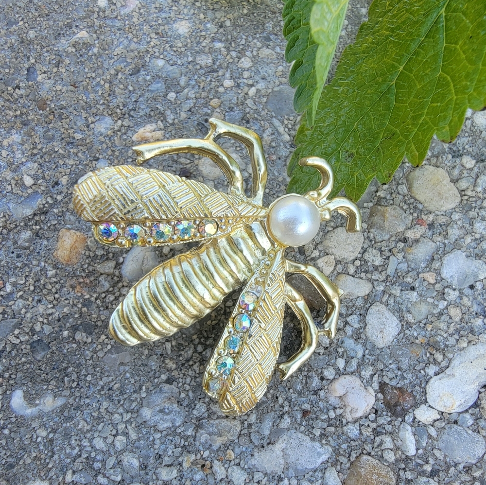 Gold Tone Firefly Brooch with Faux Pearl and Rhinestones
